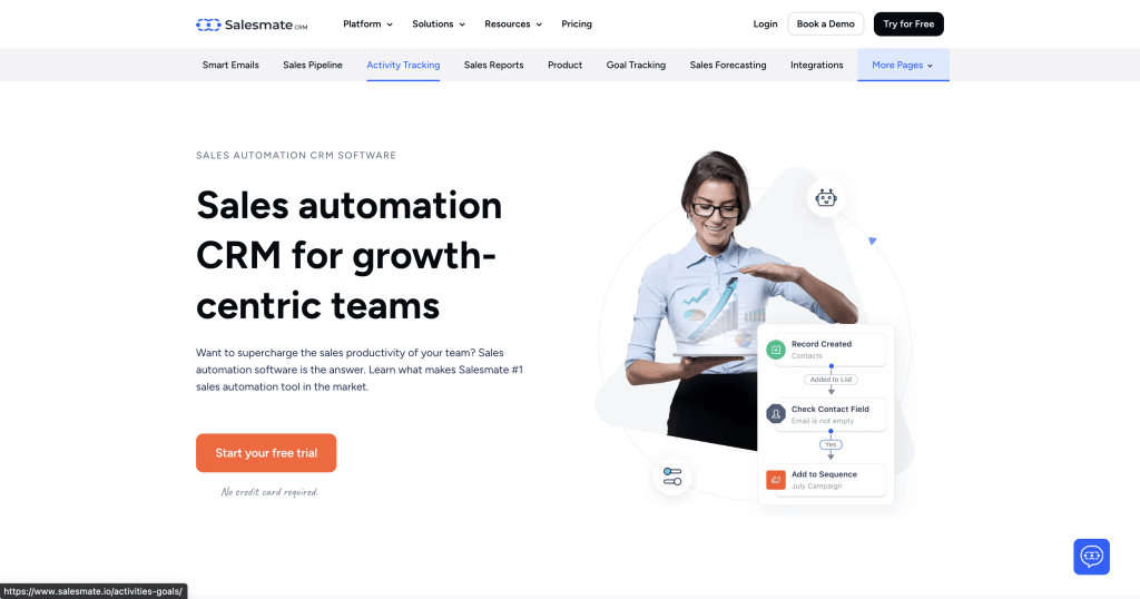 Salesmate automation landing page overview